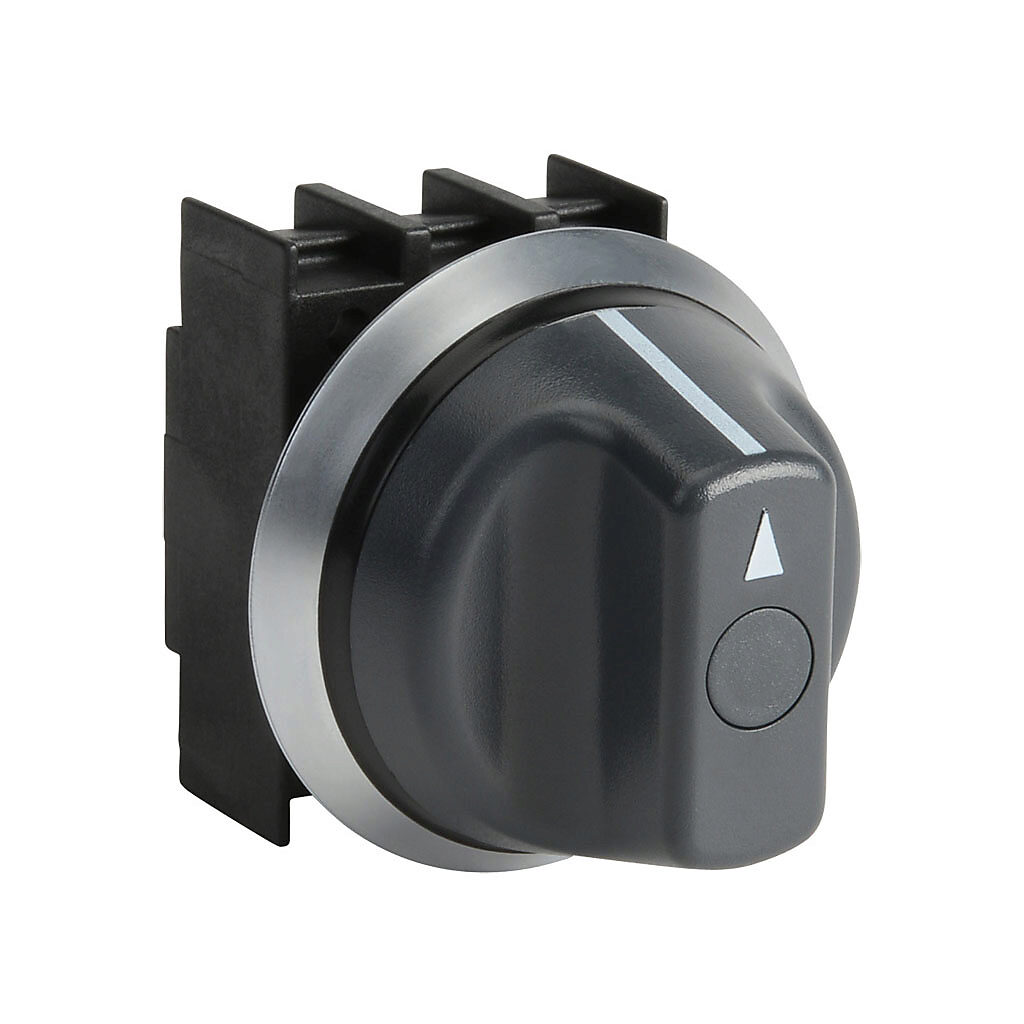 NWTS321 - Schmersal selector switch, IP67 and IP69K, 22mm, 3-position, spring return to center from left, maintained right, operator only, plastic base, plastic bezel, Operator: black, knob, 44mm, round, plastic. Requires contact blocks.