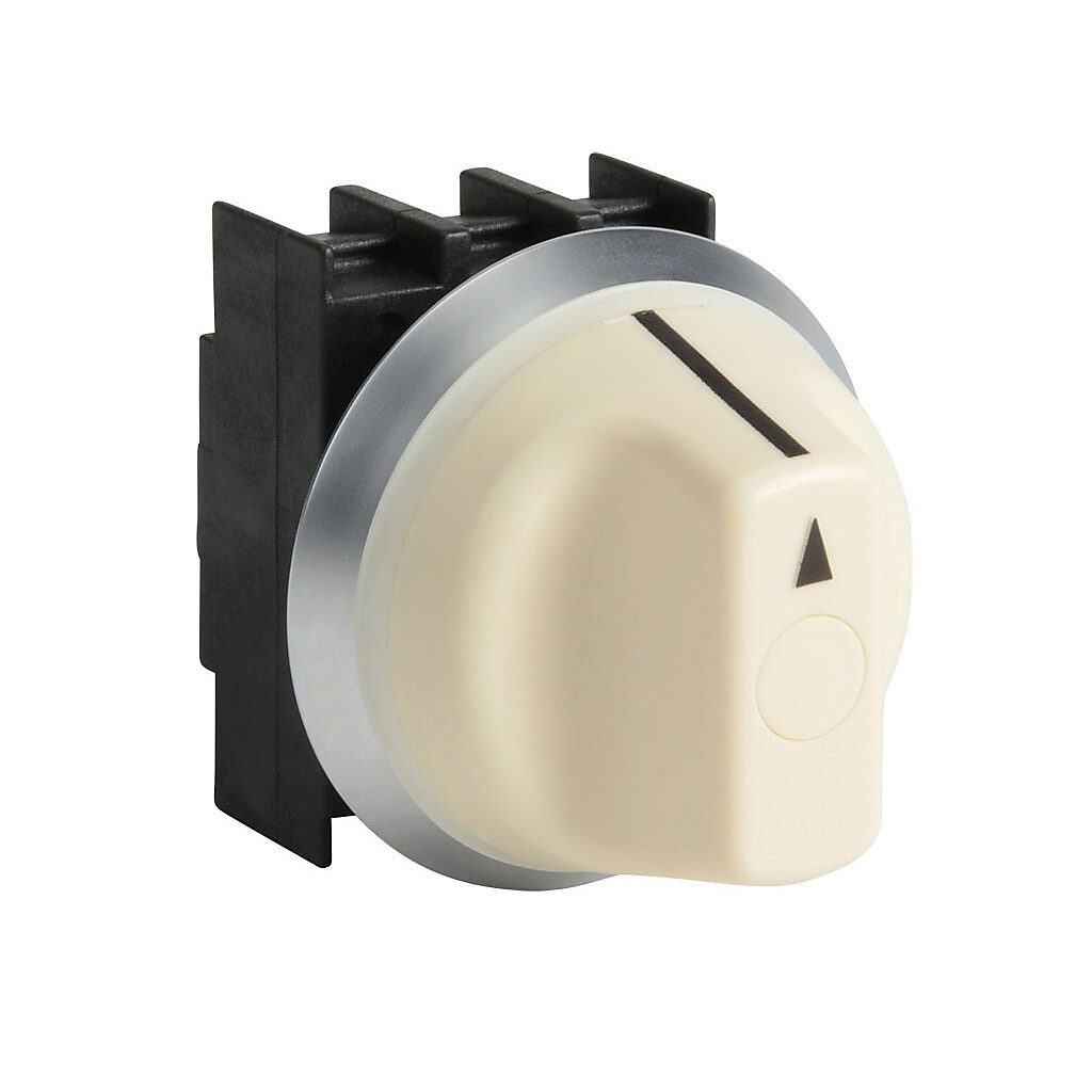 NWTS321WS - Schmersal selector switch, IP67 and IP69K, 22mm, 3-position, spring return to center from left, maintained right, operator only, plastic base, plastic bezel, Operator: white, knob, 44mm, round, plastic. Requires contact blocks.