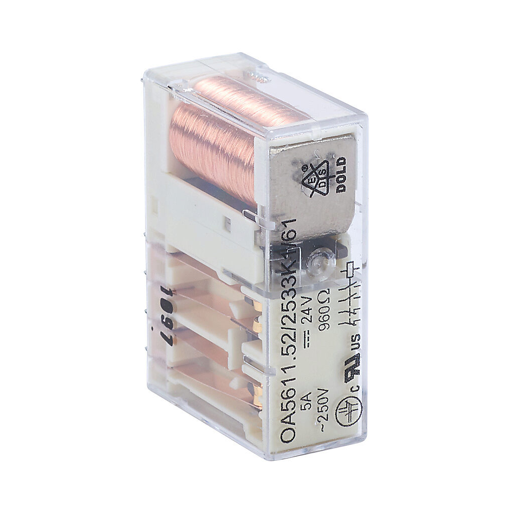 OA5611-52-24 - Dold force guided relay, socket mount, encapsulated, 24 VDC coil voltage, 4PST, (2) N.O., (2) N.C., 5A contact rating, 10-pin. Requires HC3096N-102-24 mounting socket.