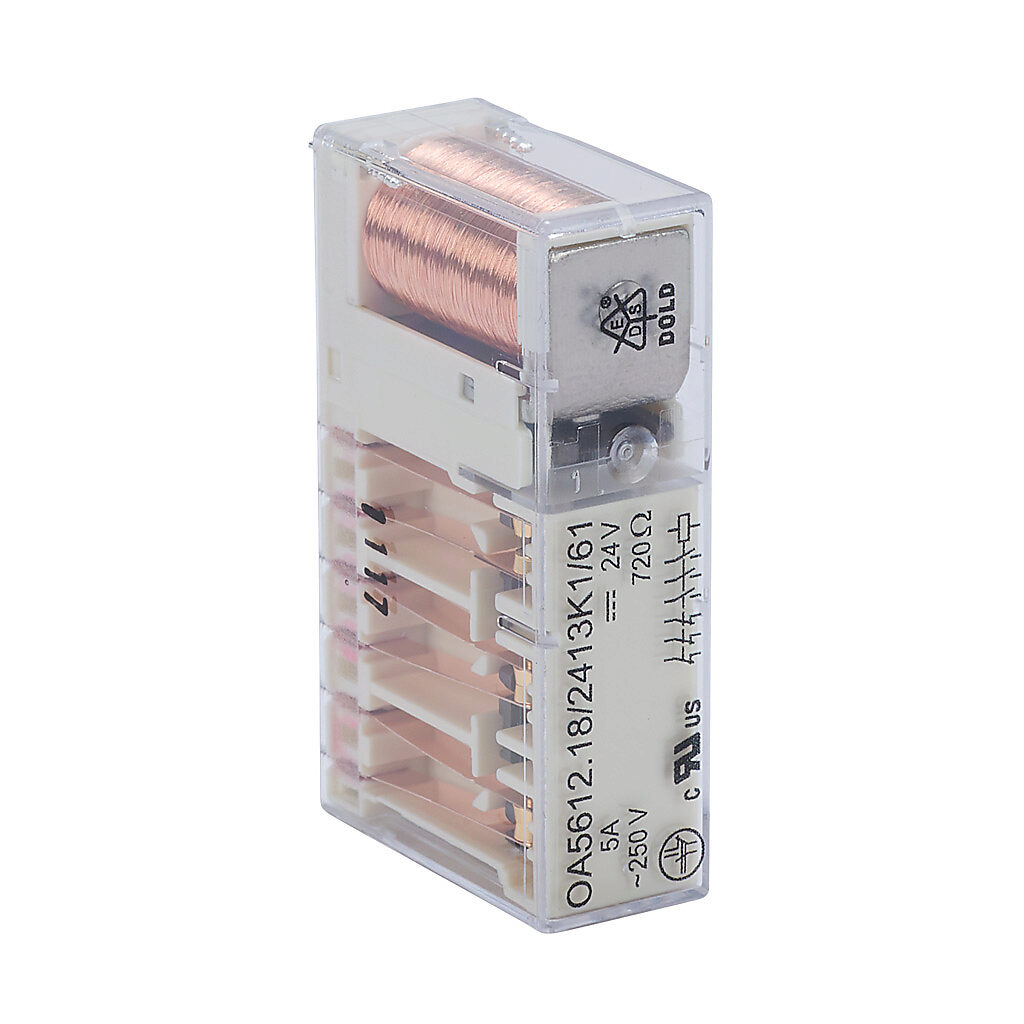 OA5612-18-24 - Dold force guided relay, socket mount, encapsulated, 24 VDC coil voltage, 6PST, (3) N.O., (3) N.C., 5A contact rating, 14-pin. Requires HL3096N-102-24 mounting socket.