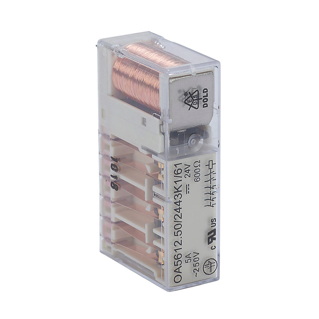 OA5612-50-24 - Dold force guided relay, socket mount, encapsulated, 24 VDC coil voltage, 6PST, (2) N.O., (4) N.C., 5A contact rating, 14-pin. Requires HL3096N-102-24 mounting socket.