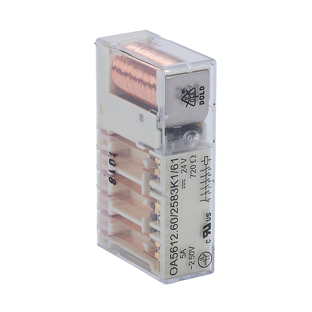 OA5612-60-24 - Dold force guided relay, socket mount, encapsulated, 24 VDC coil voltage, 6PST, (5) N.O., (1) N.C., 5A contact rating, 14-pin. Requires HL3096N-102-24 mounting socket.