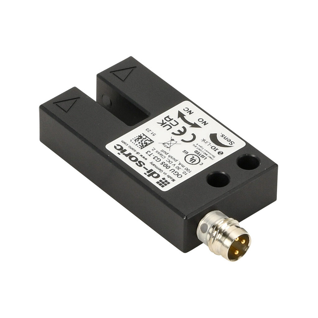 OGU005G3-T3 - di-soric photoelectric sensor, U-frame, fork sensor, infrared, 0-5mm sensing distance, selectable light-on/dark-on, push-pull NPN or PNP, 10-30 VDC operating voltage, 25 x 45 x 10mm body, aluminum, 3-wire, 3-pin M8 quick-disconnect.