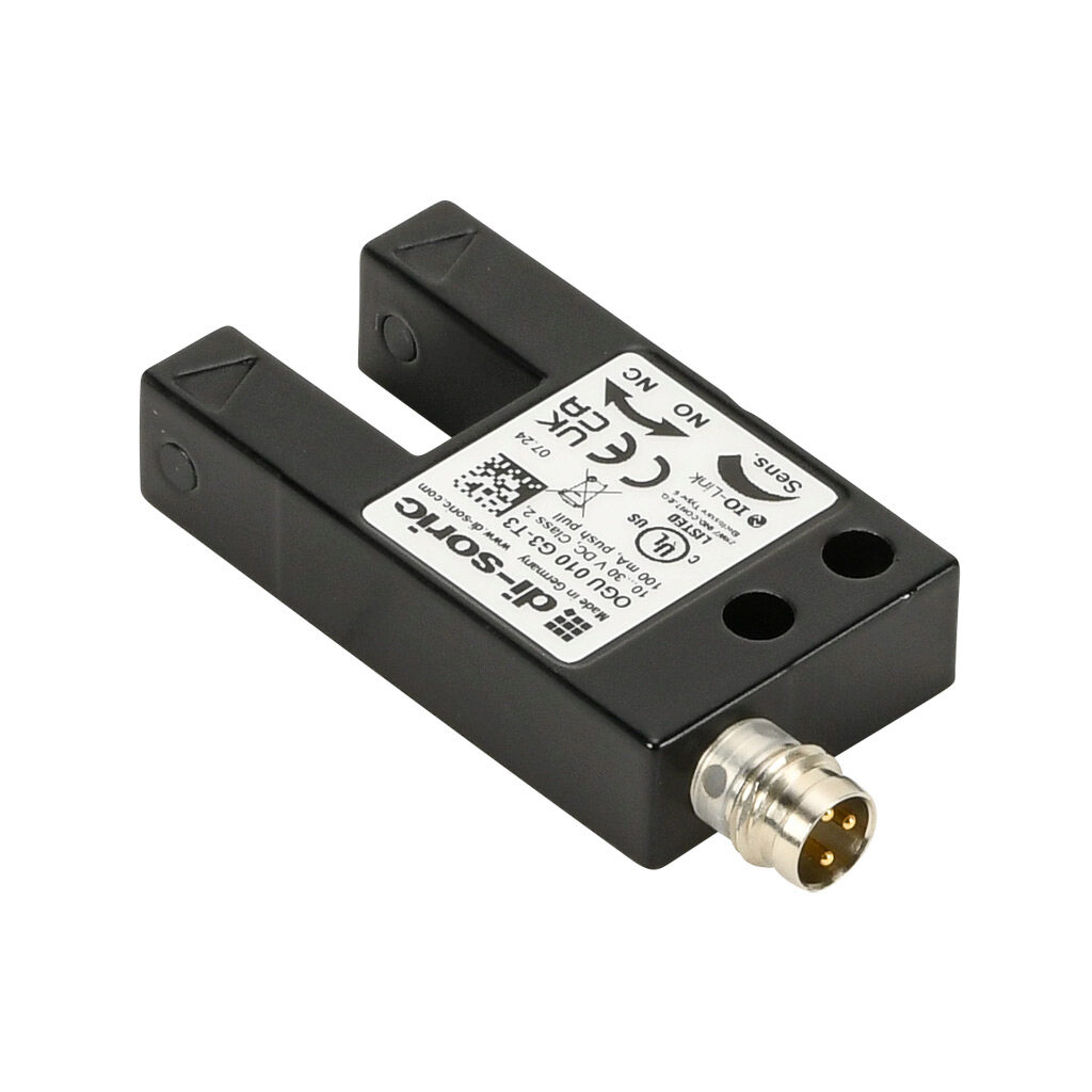 OGU010G3-T3 - di-soric photoelectric sensor, U-frame, fork sensor, infrared, 0-10mm sensing distance, selectable light-on/dark-on, push-pull NPN or PNP, 10-30 VDC operating voltage, 25 x 45 x 10mm body, die-cast zinc, 3-wire, 3-pin M8 quick-discon...
