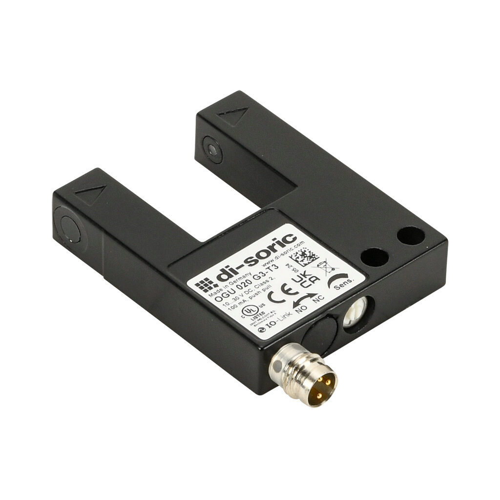 OGU020G3-T3 - di-soric photoelectric sensor, U-frame, fork sensor, infrared, 0-20mm sensing distance, selectable light-on/dark-on, push-pull NPN or PNP, 10-30 VDC operating voltage, 40 x 50 x 10mm body, die-cast zinc, 3-wire, 3-pin M8 quick-discon...
