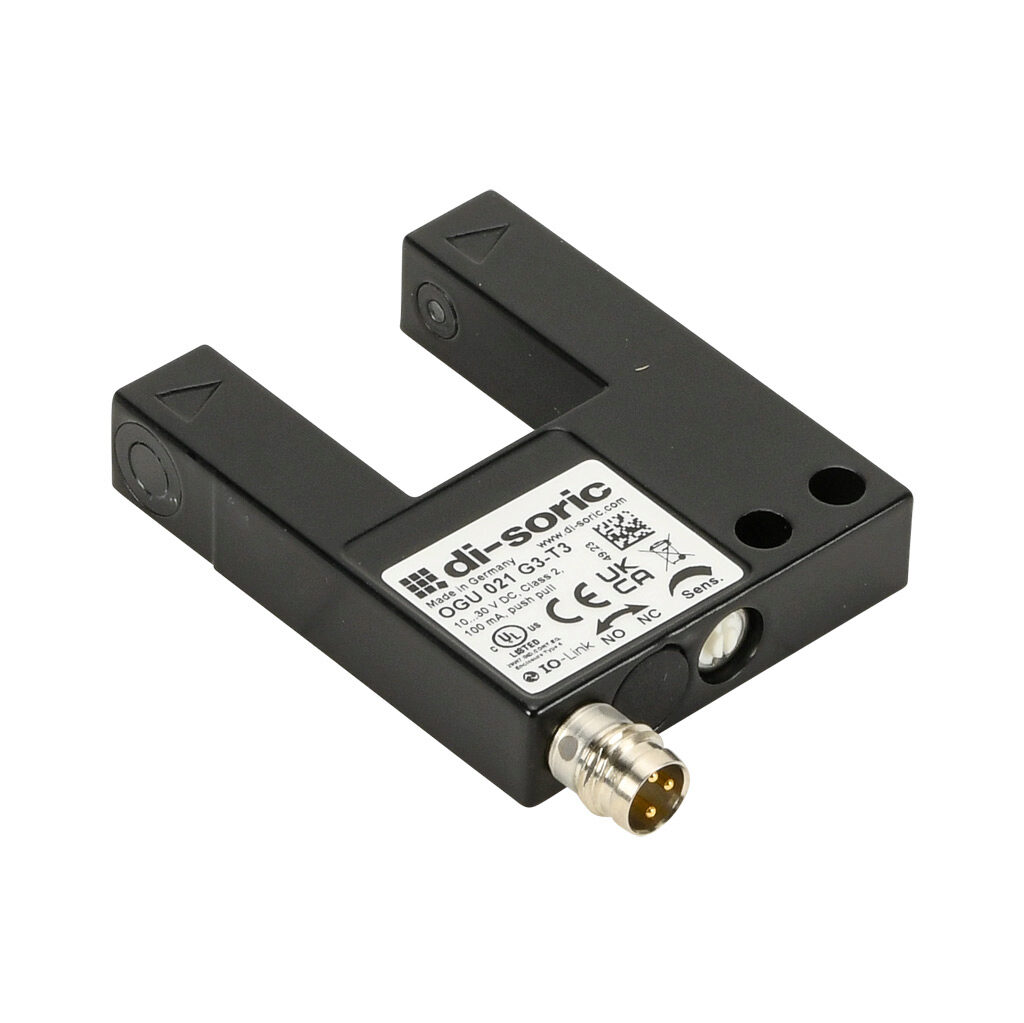 OGU021G3-T3 - di-soric photoelectric sensor, U-frame, fork sensor, visible red, 0-20mm sensing distance, selectable light-on/dark-on, push-pull NPN or PNP, 10-30 VDC operating voltage, 40 x 50 x 10mm body, die-cast zinc, 3-wire, 3-pin M8 quick-dis...