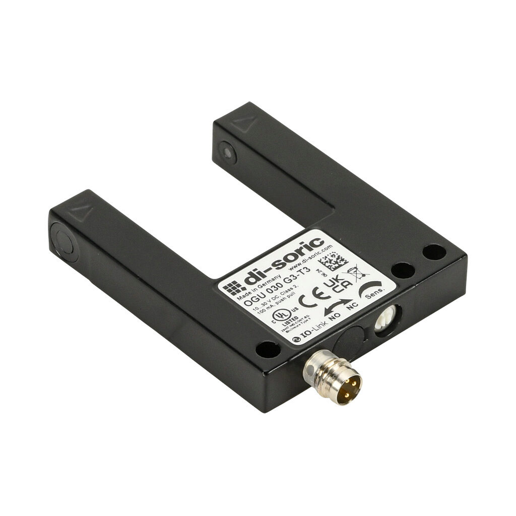 OGU030G3-T3 - di-soric photoelectric sensor, U-frame, fork sensor, infrared, 0-30mm sensing distance, selectable light-on/dark-on, push-pull NPN or PNP, 10-30 VDC operating voltage, 50 x 60 x 10mm body, die-cast zinc, 3-wire, 3-pin M8 quick-discon...