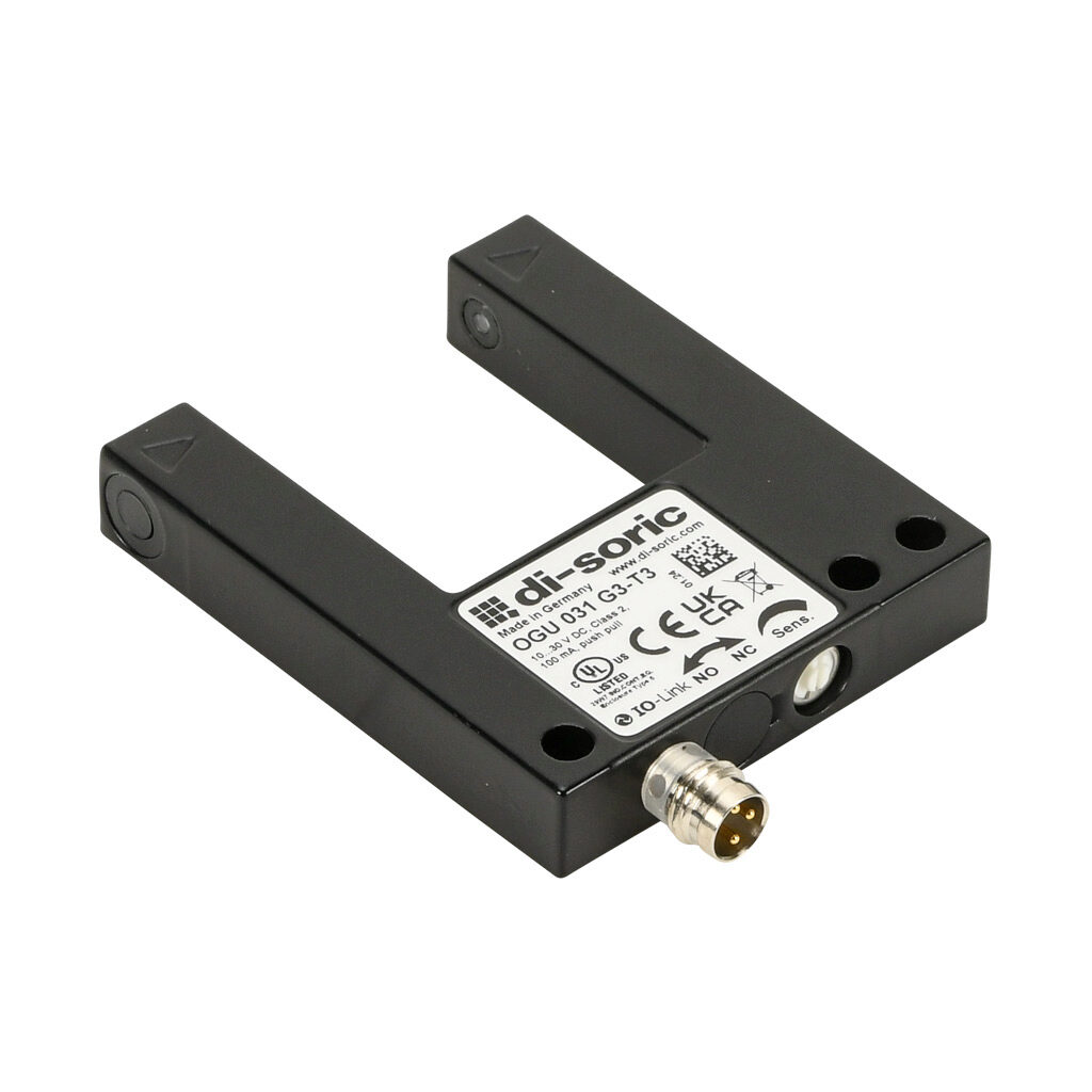 OGU031G3-T3 - di-soric photoelectric sensor, U-frame, fork sensor, visible red, 0-30mm sensing distance, selectable light-on/dark-on, push-pull NPN or PNP, 10-30 VDC operating voltage, 50 x 60 x 10mm body, die-cast zinc, 3-wire, 3-pin M8 quick-dis...