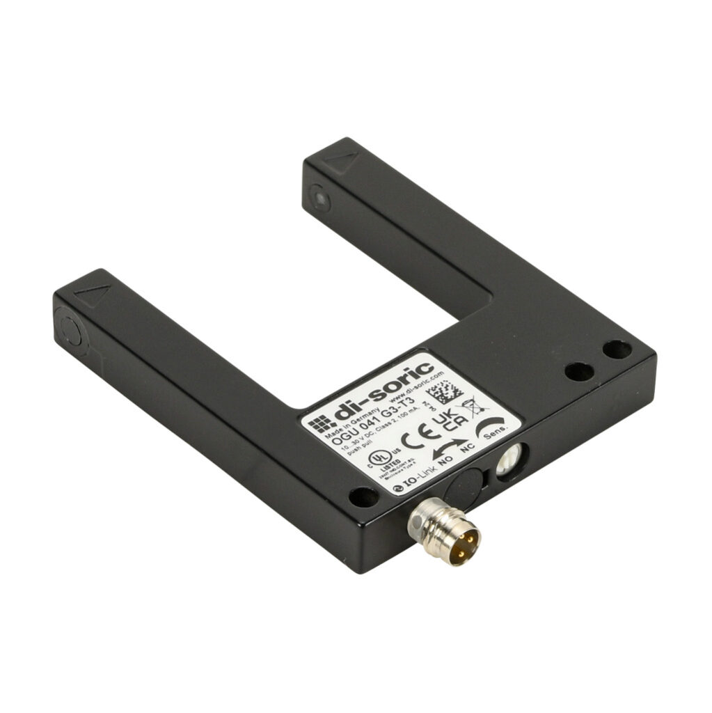 OGU041G3-T3 - di-soric photoelectric sensor, U-frame, fork sensor, visible red, 0-40mm sensing distance, selectable light-on/dark-on, push-pull NPN or PNP, 10-30 VDC operating voltage, 60 x 70 x 10mm body, die-cast zinc, 3-wire, 3-pin M8 quick-dis...