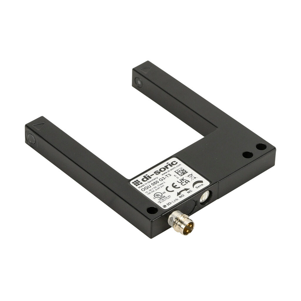 OGU050G3-T3 - di-soric photoelectric sensor, U-frame, fork sensor, infrared, 0-50mm sensing distance, selectable light-on/dark-on, push-pull NPN or PNP, 10-30 VDC operating voltage, 70 x 80 x 10mm body, die-cast zinc, 3-wire, 3-pin M8 quick-discon...