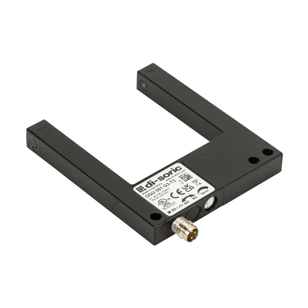 OGU051G3-T3 - di-soric photoelectric sensor, U-frame, fork sensor, visible red, 0-50mm sensing distance, selectable light-on/dark-on, push-pull NPN or PNP, 10-30 VDC operating voltage, 70 x 80 x 10mm body, die-cast zinc, 3-wire, 3-pin M8 quick-dis...