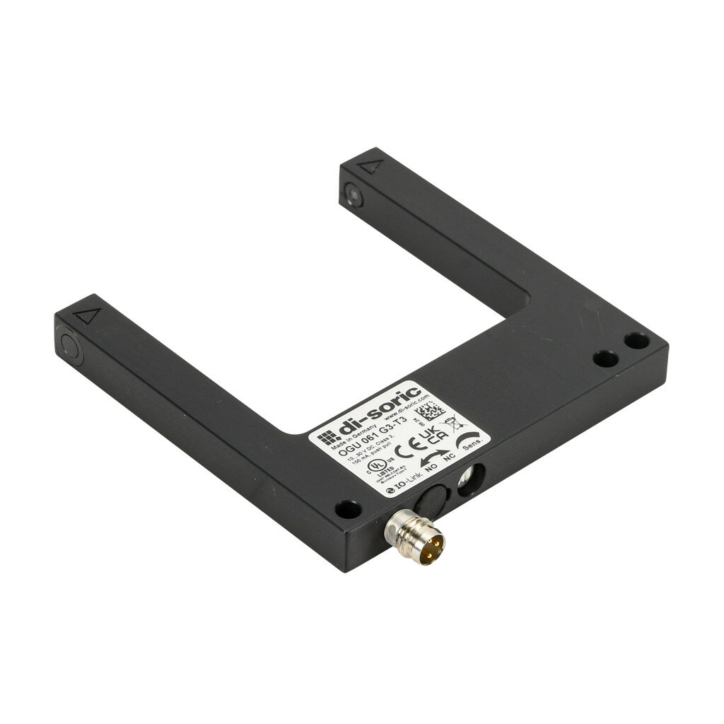 OGU061G3-T3 - di-soric photoelectric sensor, U-frame, fork sensor, visible red, 0-60mm sensing distance, selectable light-on/dark-on, push-pull NPN or PNP, 10-30 VDC operating voltage, 80 x 80 x 10mm body, aluminum, 3-wire, 3-pin M8 quick-disconnect.