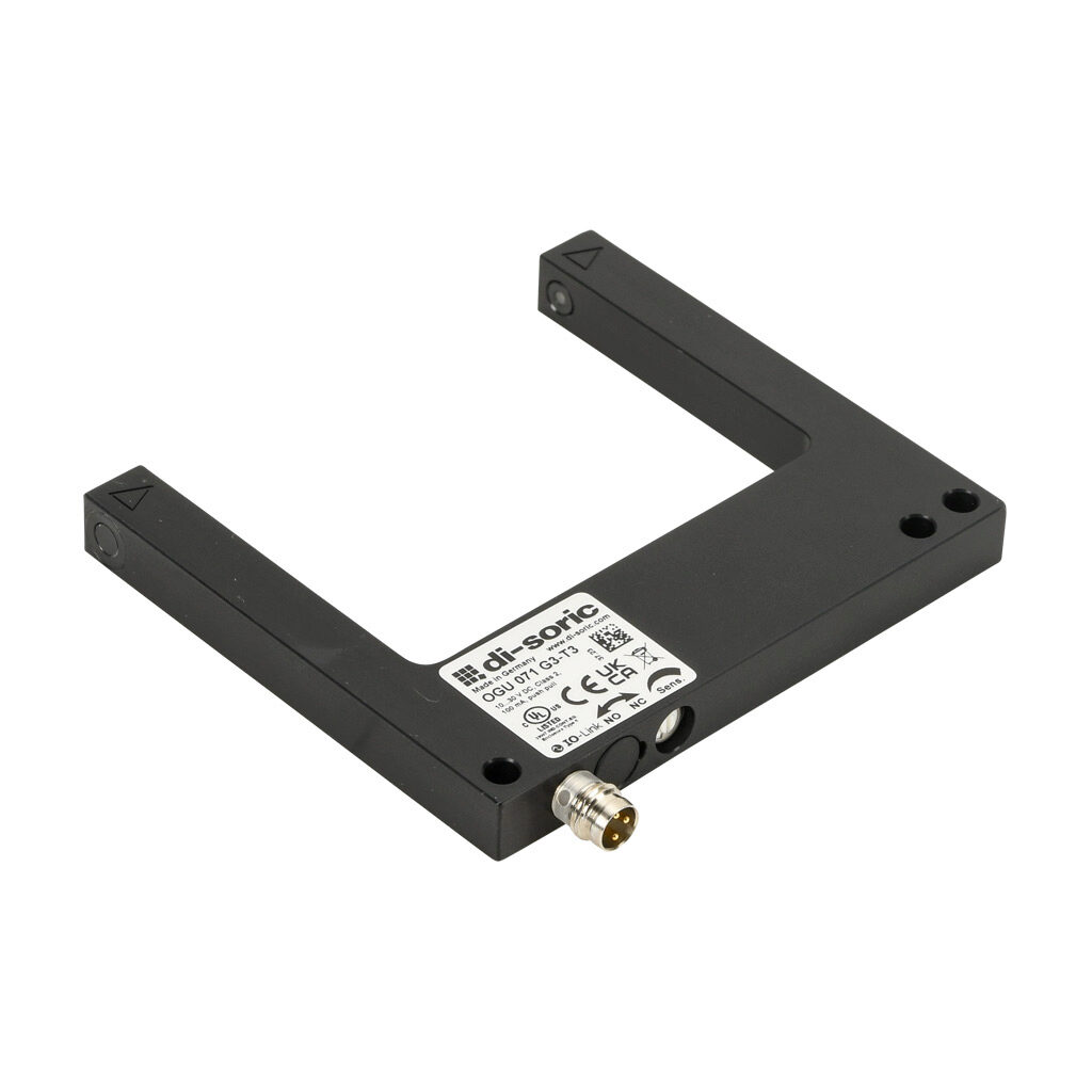 OGU071G3-T3 - di-soric photoelectric sensor, U-frame, fork sensor, visible red, 0-70mm sensing distance, selectable light-on/dark-on, push-pull NPN or PNP, 10-30 VDC operating voltage, 90 x 80 x 10mm body, aluminum, 3-wire, 3-pin M8 quick-disconnect.