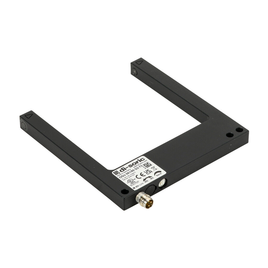 OGU081/80G3-T3 - di-soric photoelectric sensor, U-frame, fork sensor, visible red, 0-80mm sensing distance, selectable light-on/dark-on, push-pull NPN or PNP, 10-30 VDC operating voltage, 100 x 105 x 10mm body, aluminum, 3-wire, 3-pin M8 quick-dis...
