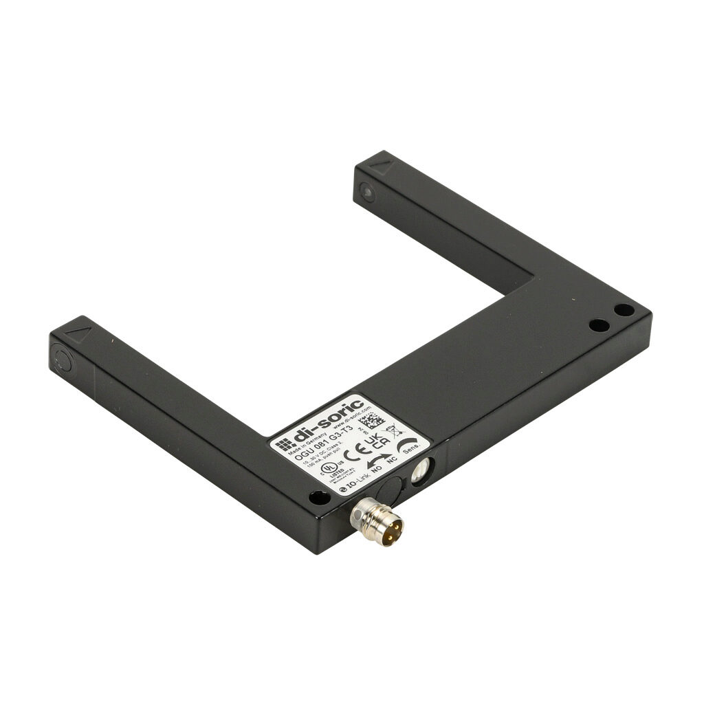 OGU081G3-T3 - di-soric photoelectric sensor, U-frame, fork sensor, visible red, 0-80mm sensing distance, selectable light-on/dark-on, push-pull NPN or PNP, 10-30 VDC operating voltage, 100 x 80 x 10mm body, die-cast zinc, 3-wire, 3-pin M8 quick-di...
