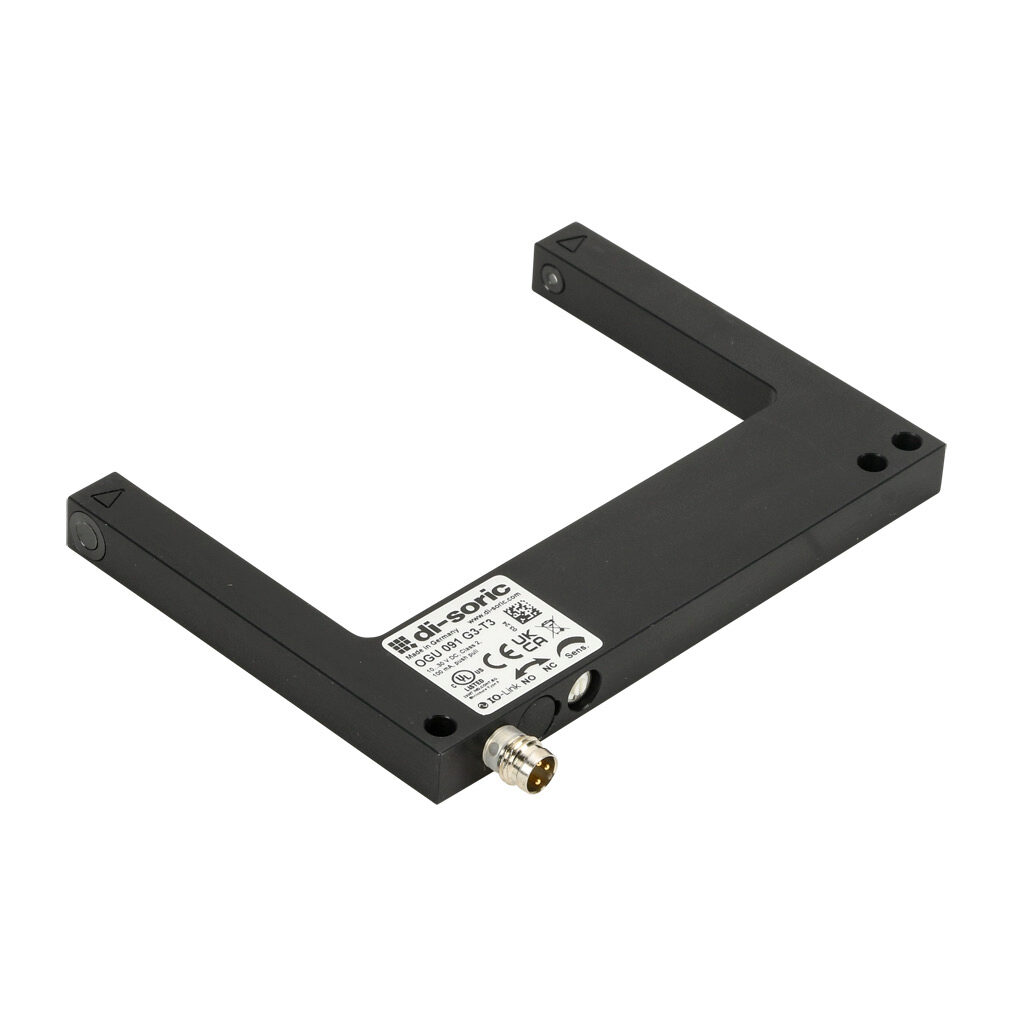 OGU091G3-T3 - di-soric photoelectric sensor, U-frame, fork sensor, visible red, 0-90mm sensing distance, selectable light-on/dark-on, push-pull NPN or PNP, 10-30 VDC operating voltage, 110 x 80 x 10mm body, aluminum, 3-wire, 3-pin M8 quick-disconn...