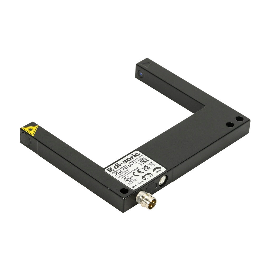 OGUL081G3-T3 - di-soric photoelectric sensor, U-frame, fork sensor, Class 1 red laser, 0-80mm sensing distance, selectable light-on/dark-on, push-pull NPN or PNP, 10-30 VDC operating voltage, 100 x 80 x 10mm body, die-cast zinc, 3-wire, 3-pin M8 q...