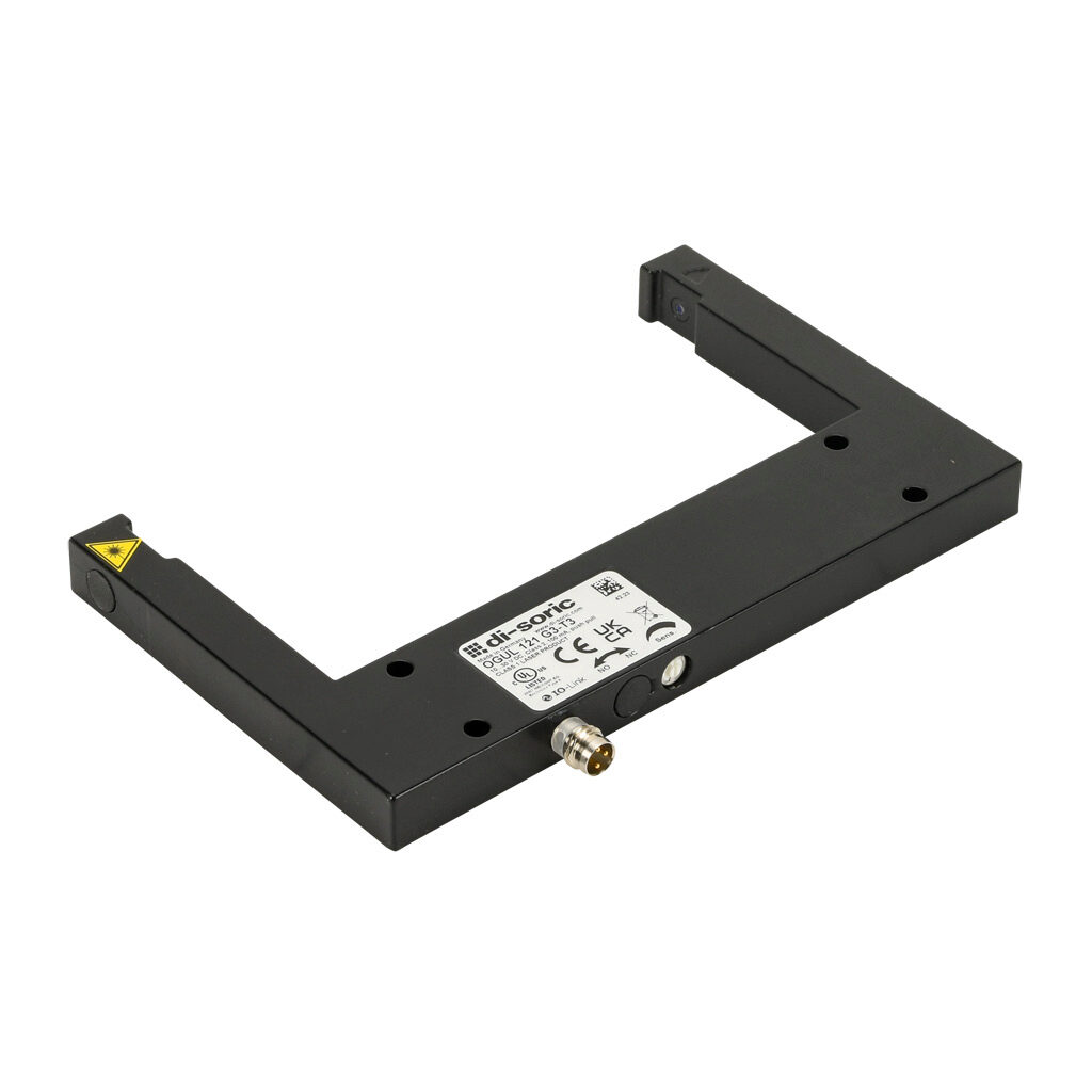 OGUL121G3-T3 - di-soric photoelectric sensor, U-frame, fork sensor, Class 1 red laser, 0-120mm sensing distance, selectable light-on/dark-on, push-pull NPN or PNP, 10-30 VDC operating voltage, 144 x 90 x 12mm body, die-cast zinc, 3-wire, 3-pin M8 ...