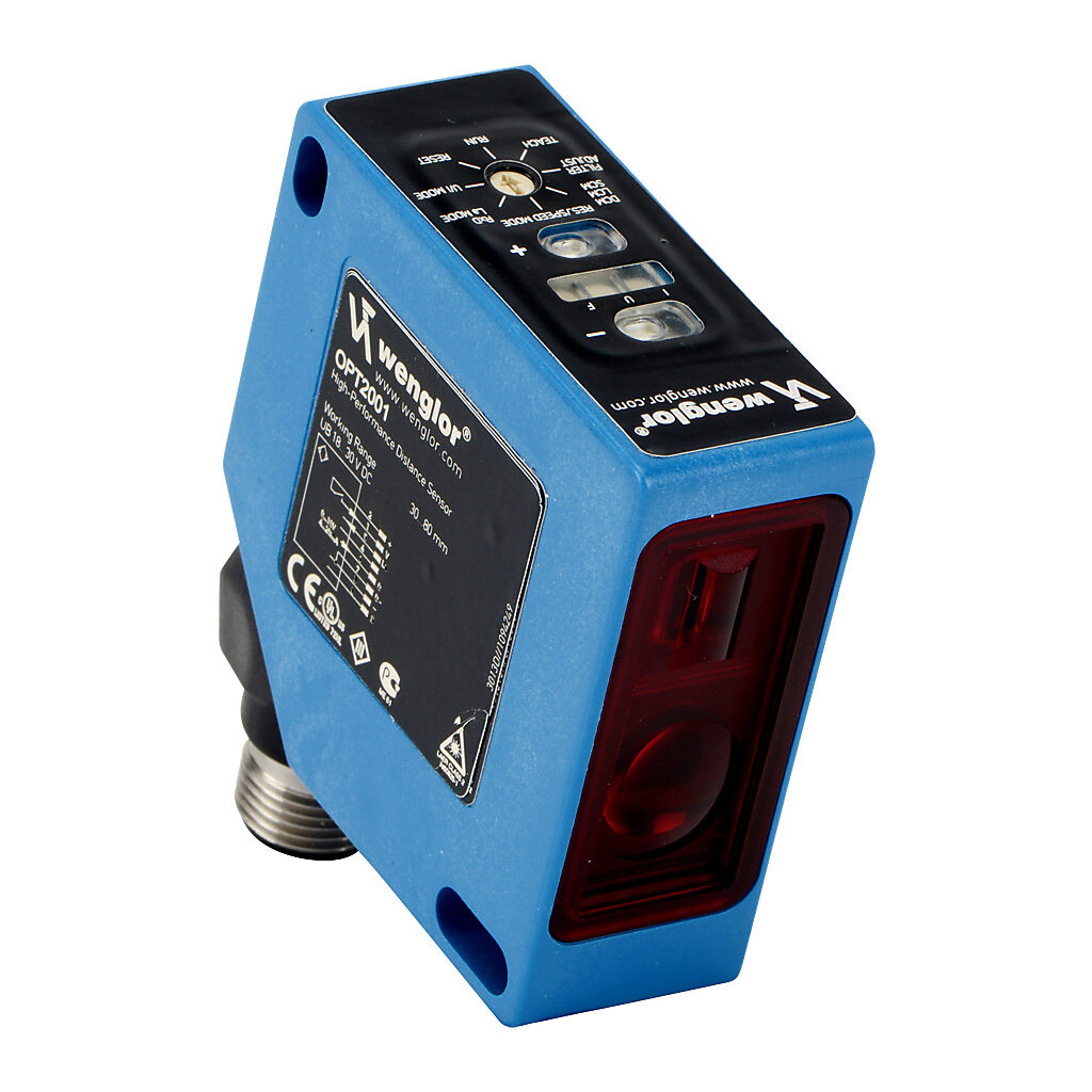 OPT2001 - Wenglor photoelectric sensor, square, diffuse, Class 2 red laser, 30-80mm sensing distance, 50 x 50 x 20mm body, polycarbonate housing, 8-pin M12 quick-disconnect.