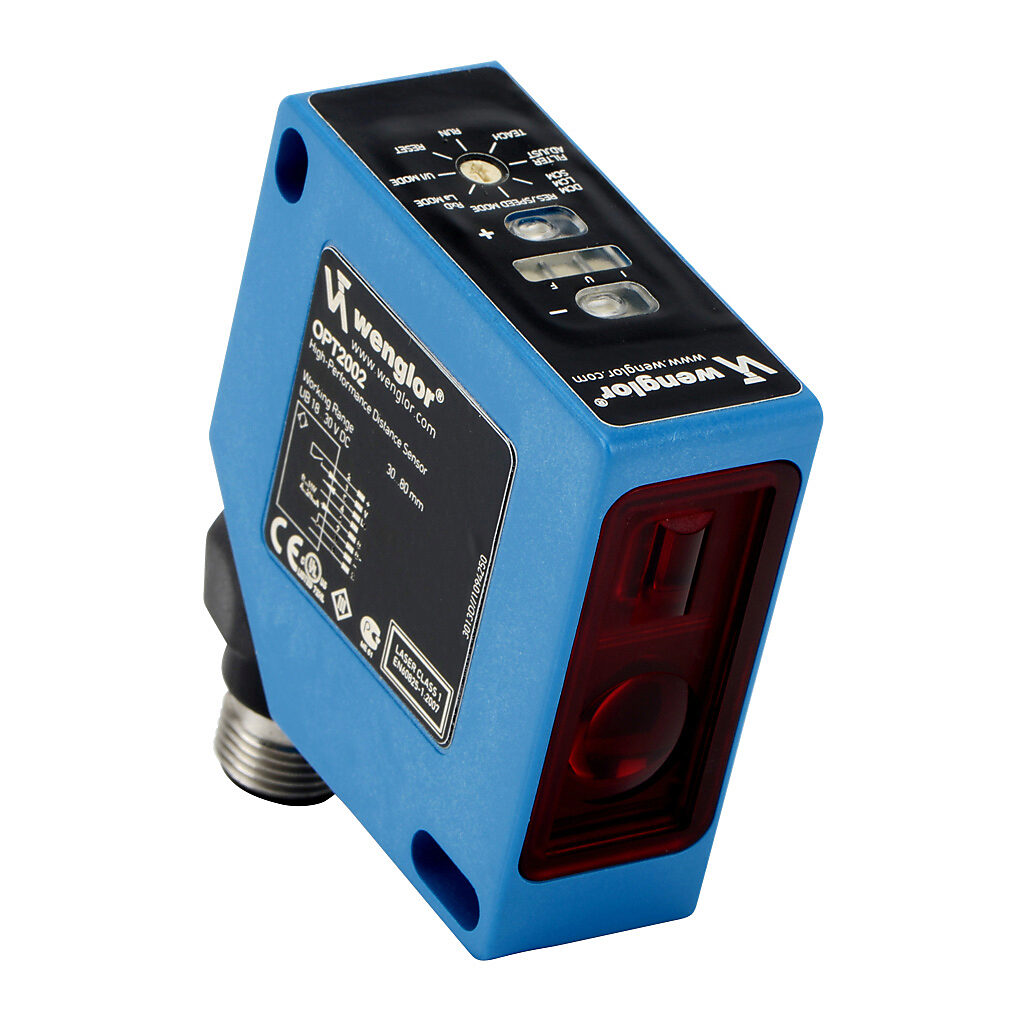 OPT2002 - Wenglor photoelectric sensor, square, diffuse, Class 1 red laser, 30-80mm sensing distance, 50 x 50 x 20mm body, polycarbonate, 8-pin M12 quick-disconnect.