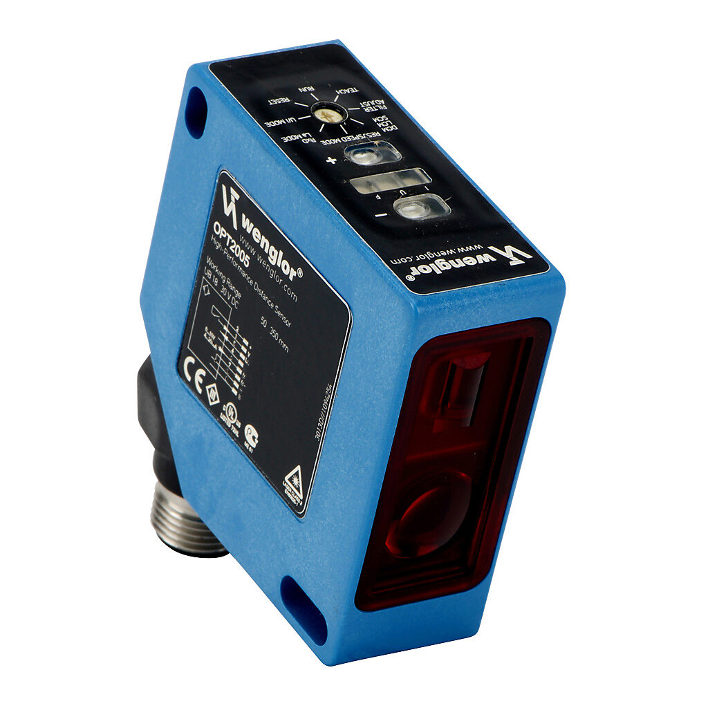 OPT2005 - Wenglor photoelectric sensor, square, diffuse, Class 2 red laser, 50-350mm sensing distance, 50 x 50 x 20mm body, polycarbonate, 8-pin M12 quick-disconnect.