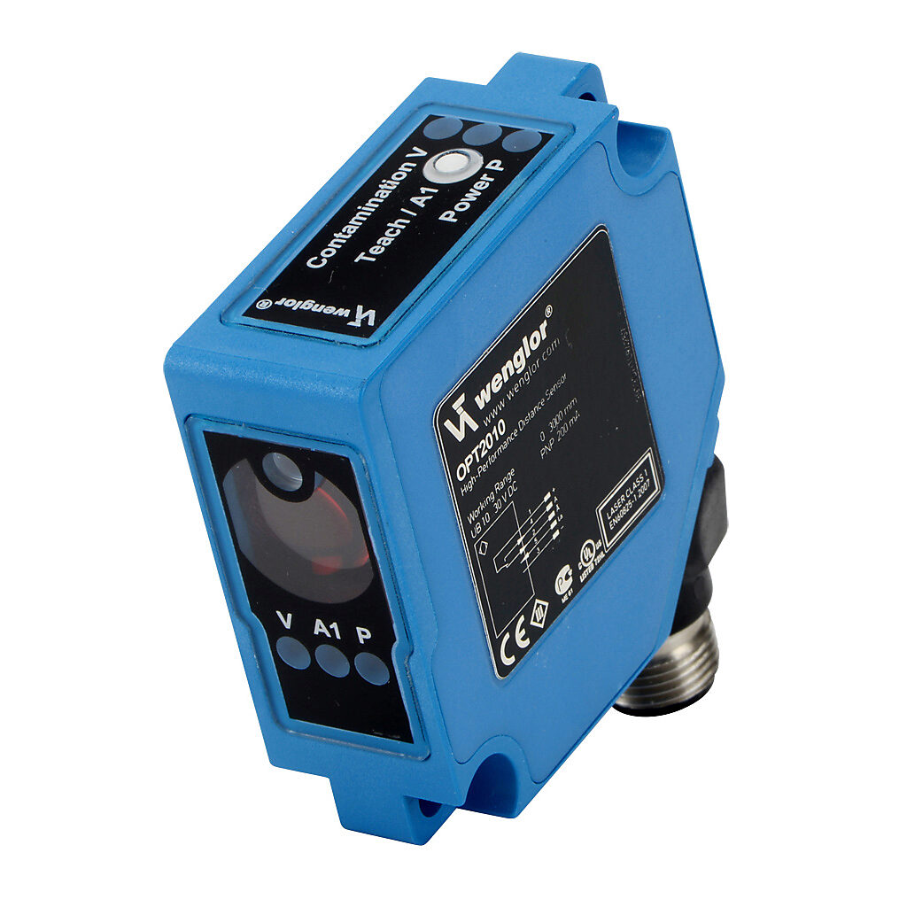 OPT2010 - Wenglor photoelectric sensor, square, background suppression, Class 1 red laser, 0-3m sensing distance, complementary light-on/dark-on, PNP, pushbutton, 50 x 50 x 20mm body, polycarbonate, 5-pin M12 quick-disconnect.