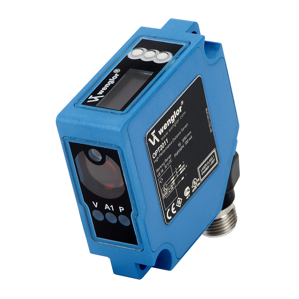 OPT2011 - Wenglor photoelectric sensor, square, diffuse, Class 1 red laser, 0.05-3.05m sensing distance, selectable light-on/dark-on, NPN/PNP, 250 Hz switching frequency, 50 x 50 x 20mm body, polycarbonate, 4-pin M12 quick-disconnect.