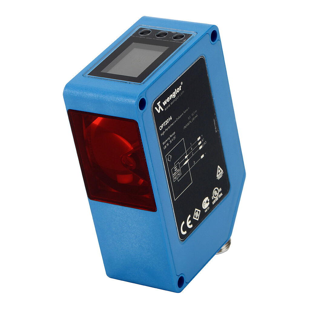 OPT2014 - Wenglor photoelectric sensor, rectangular, diffuse, Class 2 red laser, 0.1-10.1m sensing distance, selectable light-on/dark-on, NPN/PNP, 50 Hz switching frequency, 81 x 55 x 30mm body, polycarbonate, 4-pin M12 quick-disconnect.