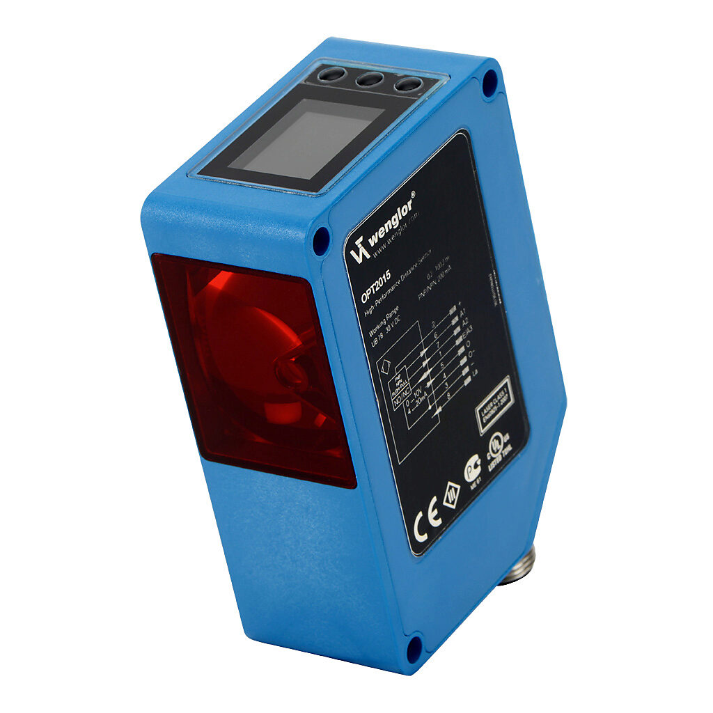 OPT2015 - Wenglor photoelectric sensor, rectangular, retroreflective, Class 1 red laser, 0.2-100.2m sensing distance, selectable light-on/dark-on, NPN/PNP, pushbutton user interface with display, 8-pin M12 quick-disconnect.