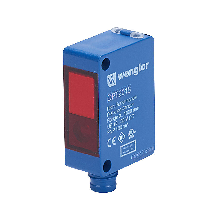 OPT2016 - Wenglor photoelectric sensor, rectangular, background suppression, Class 1 red laser, 0-1m sensing distance, complementary light-on/dark-on, PNP, potentiometer, 32 x 22 x 12mm body, polycarbonate, 4-pin M8 quick-disconnect.
