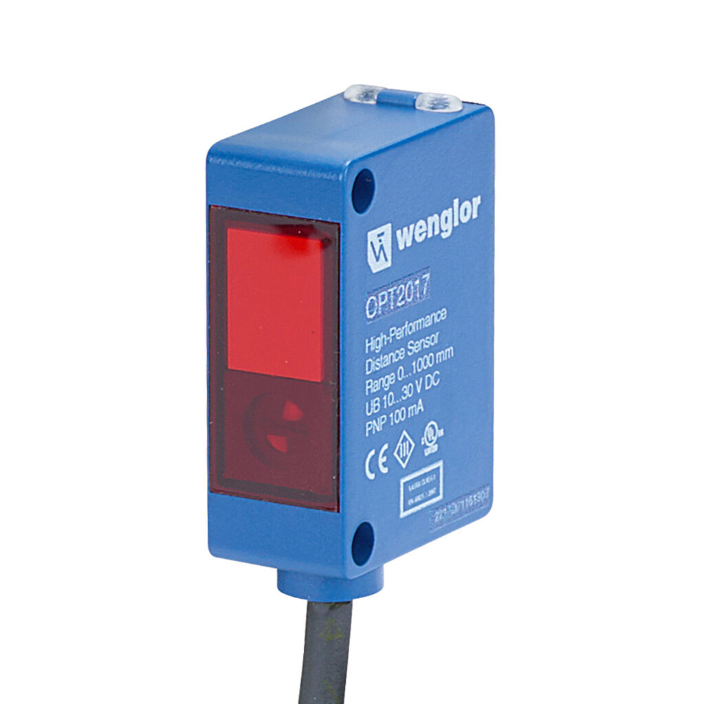 OPT2017 - Wenglor photoelectric sensor, rectangular, background suppression, Class 1 red laser, 0-1m sensing distance, complementary light-on/dark-on, PNP, potentiometer, 32 x 22 x 12mm body, polycarbonate, 7.8in/200mm cable length, 4-pin M12 quic...