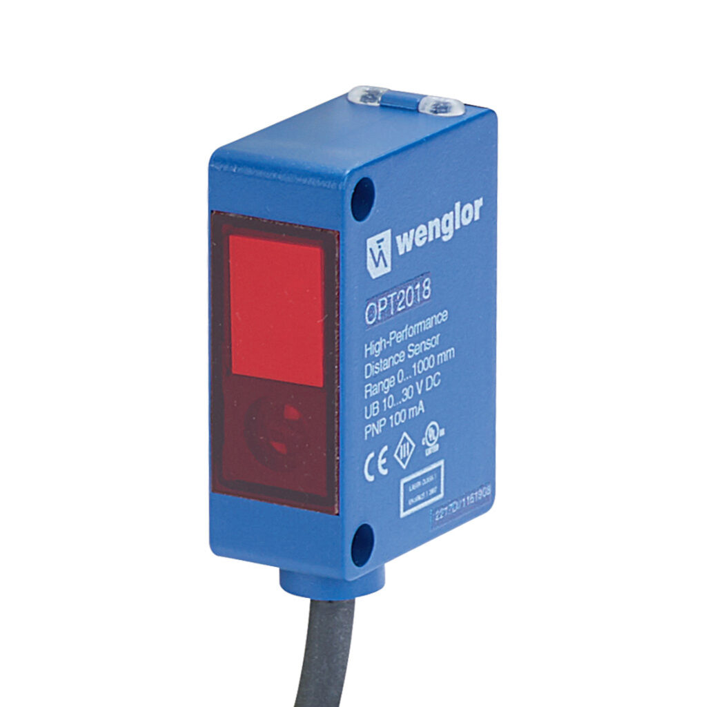 OPT2018 - Wenglor photoelectric sensor, rectangular, background suppression, Class 1 red laser, 0-1m sensing distance, complementary light-on/dark-on, PNP, potentiometer, 32 x 22 x 12mm body, polycarbonate, 7.8in/200mm cable length, 4-pin M8 quick...