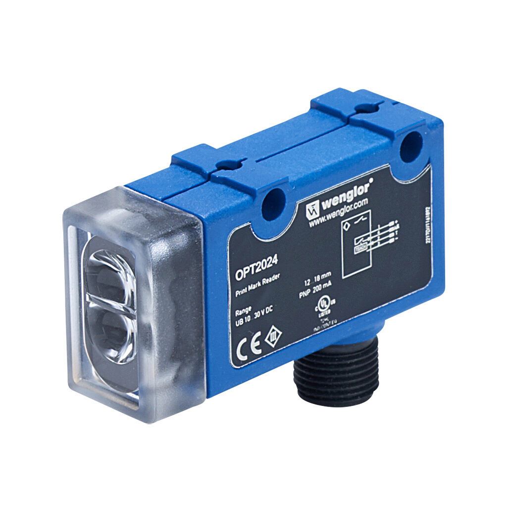 OPT2024 - Wenglor photoelectric sensor, rectangular, diffuse, white, 12-18mm sensing distance, selectable light-on/dark-on, PNP, 5 kHz switching frequency, 54.5 x 27 x 16mm body, plastic, 4-pin M12 quick-disconnect.