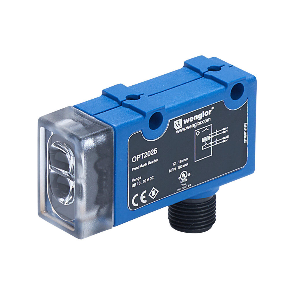 OPT2025 - Wenglor photoelectric sensor, rectangular, diffuse, white, 12-18mm sensing distance, selectable light-on/dark-on, NPN, 5 kHz switching frequency, 54.5 x 27 x 16mm body, plastic, 4-pin M12 quick-disconnect.