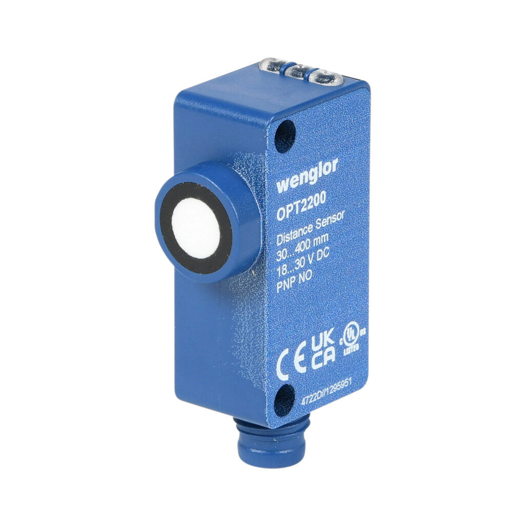 OPT2200 - Wenglor ultrasonic proximity sensor, rectangular, 38.5 x 19.5 x 12mm body, polycarbonate housing, diffuse, PNP, N.O., 30-400mm sensing distance, IP68, 4-pin M8 quick-disconnect, IO-Link v1.1.