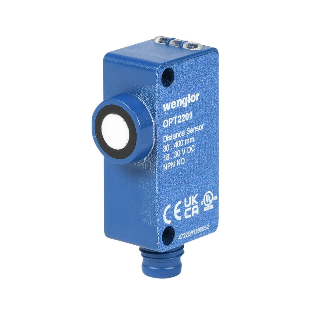 OPT2201 - Wenglor ultrasonic proximity sensor, rectangular, 38.5 x 19.5 x 12mm body, polycarbonate housing, diffuse, NPN, N.O., 30-400mm sensing distance, IP68, 4-pin M8 quick-disconnect, IO-Link v1.1.