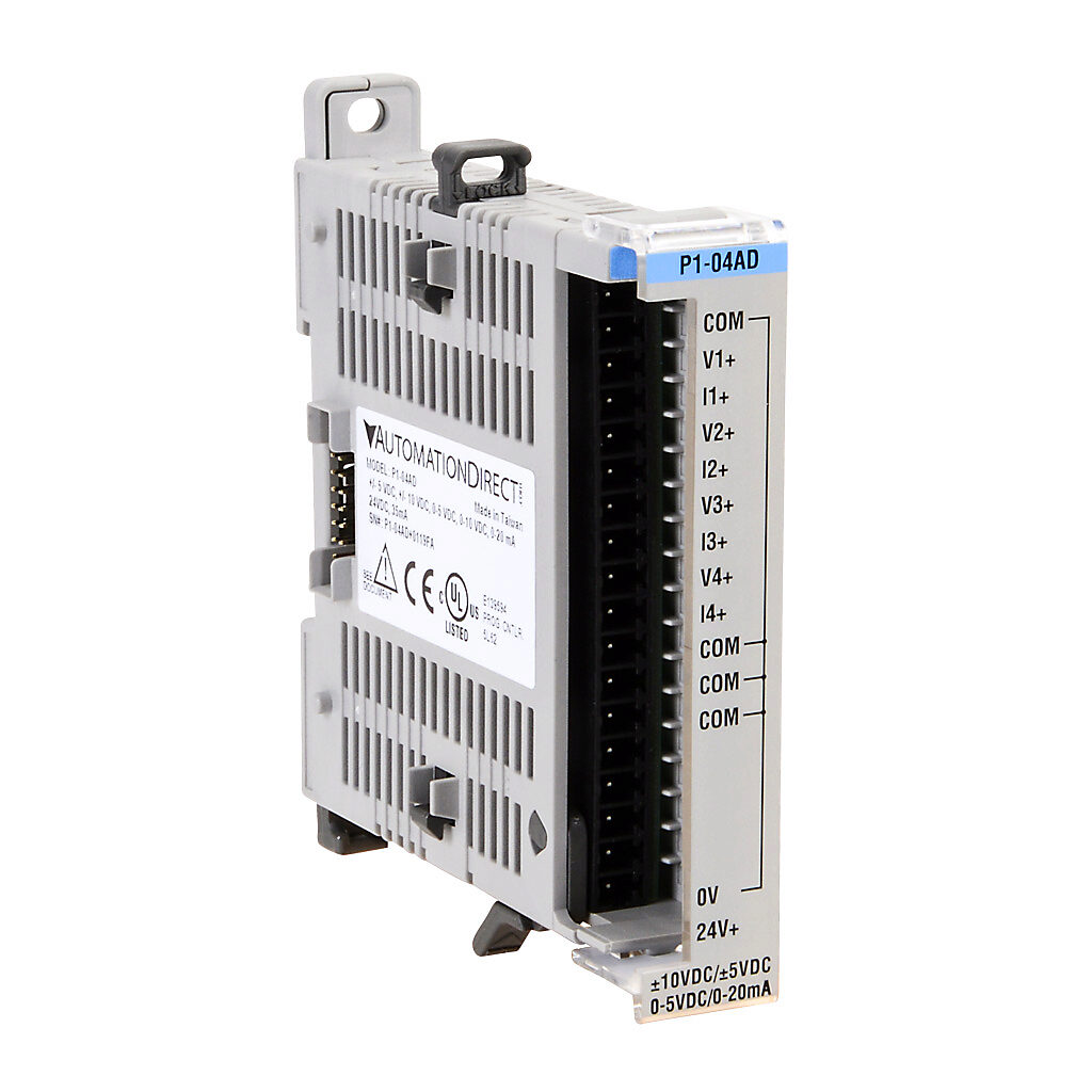 P1-04AD - Productivity1000 analog input module, 4-channel, current/voltage, 16-bit, external 24 VDC required. Requires P2-RTB or P2-RTB-1 removable terminal block or ZIPLink pre-wired cables.