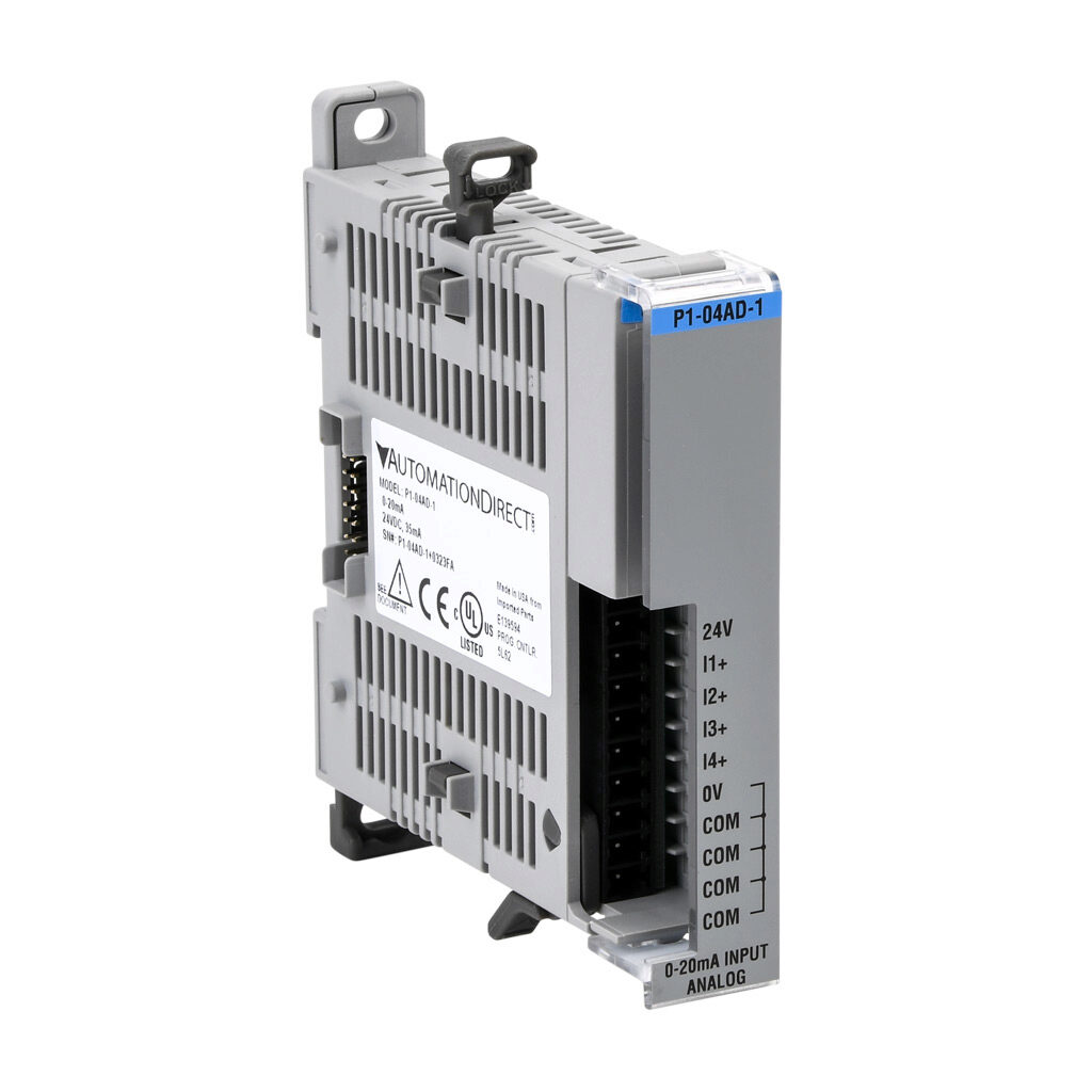 P1-04AD-1 - Productivity1000 analog input module, 4-channel, current, 16-bit, external 24 VDC required. Requires P1-10RTB or P1-10RTB-1 removable terminal block or ZIPLink pre-wired cables.