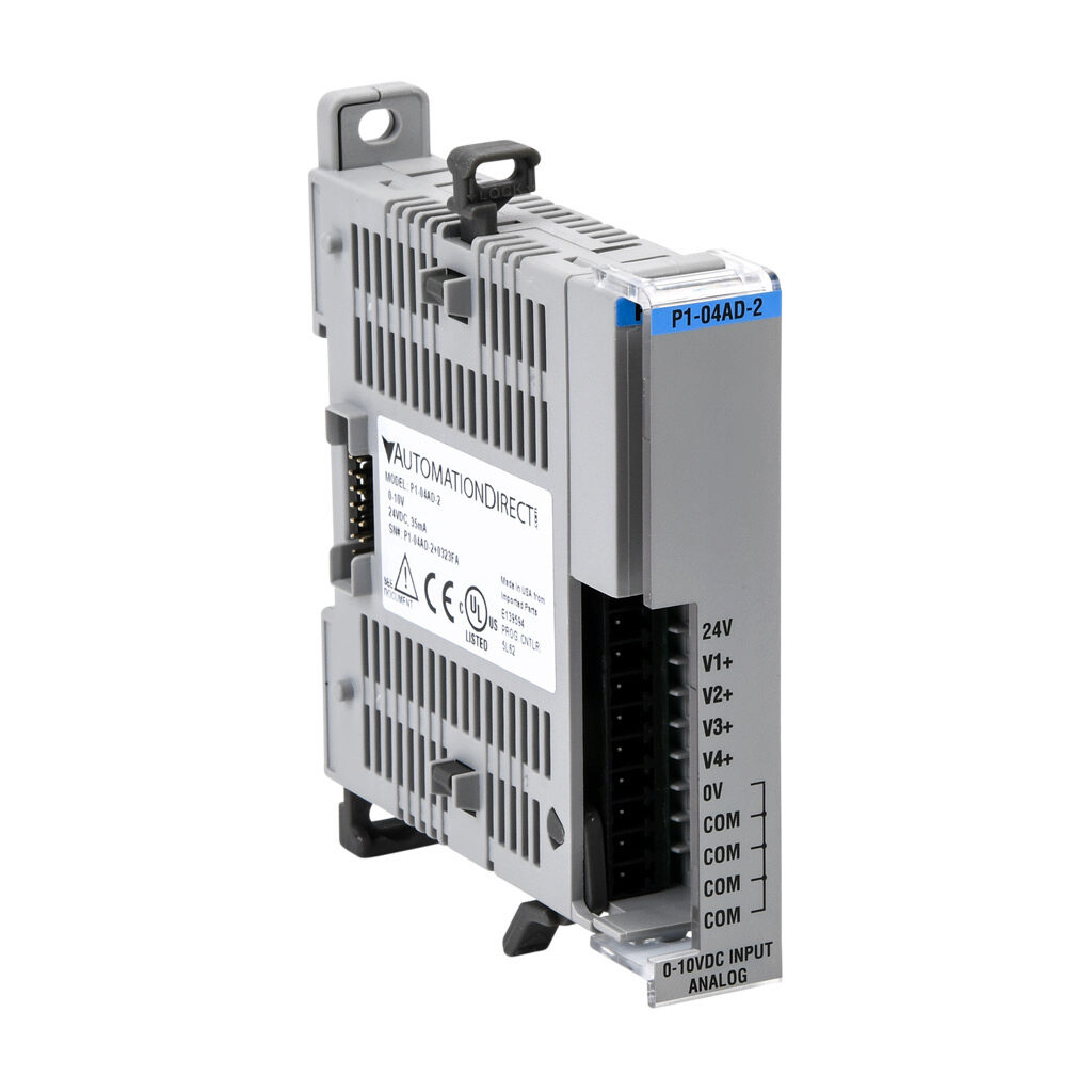 P1-04AD-2 - Productivity1000 analog input module, 4-channel, voltage, 16-bit, external 24 VDC required. Requires P1-10RTB or P1-10RTB-1 removable terminal block or ZIPLink pre-wired cables.