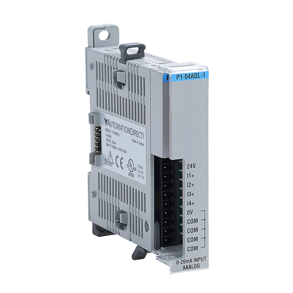 P1-04ADL-1 - Productivity1000 analog input module, 4-channel, current, 13-bit, external 24 VDC required. Requires P1-10RTB or P1-10RTB-1 removable terminal block or ZIPLink pre-wired cables.