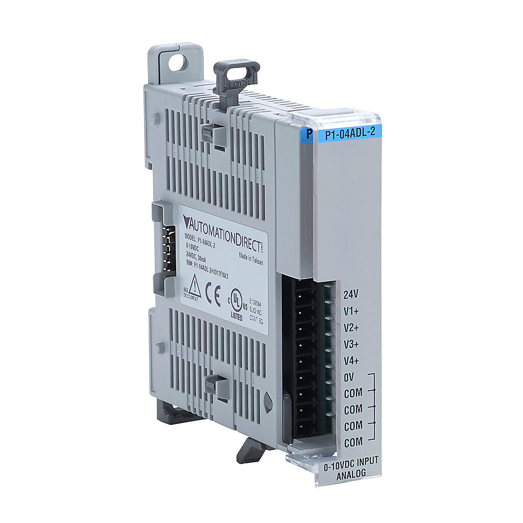 P1-04ADL-2 - Productivity1000 analog input module, 4-channel, voltage, 13-bit, external 24 VDC required. Requires P1-10RTB or P1-10RTB-1 removable terminal block or ZIPLink pre-wired cables.