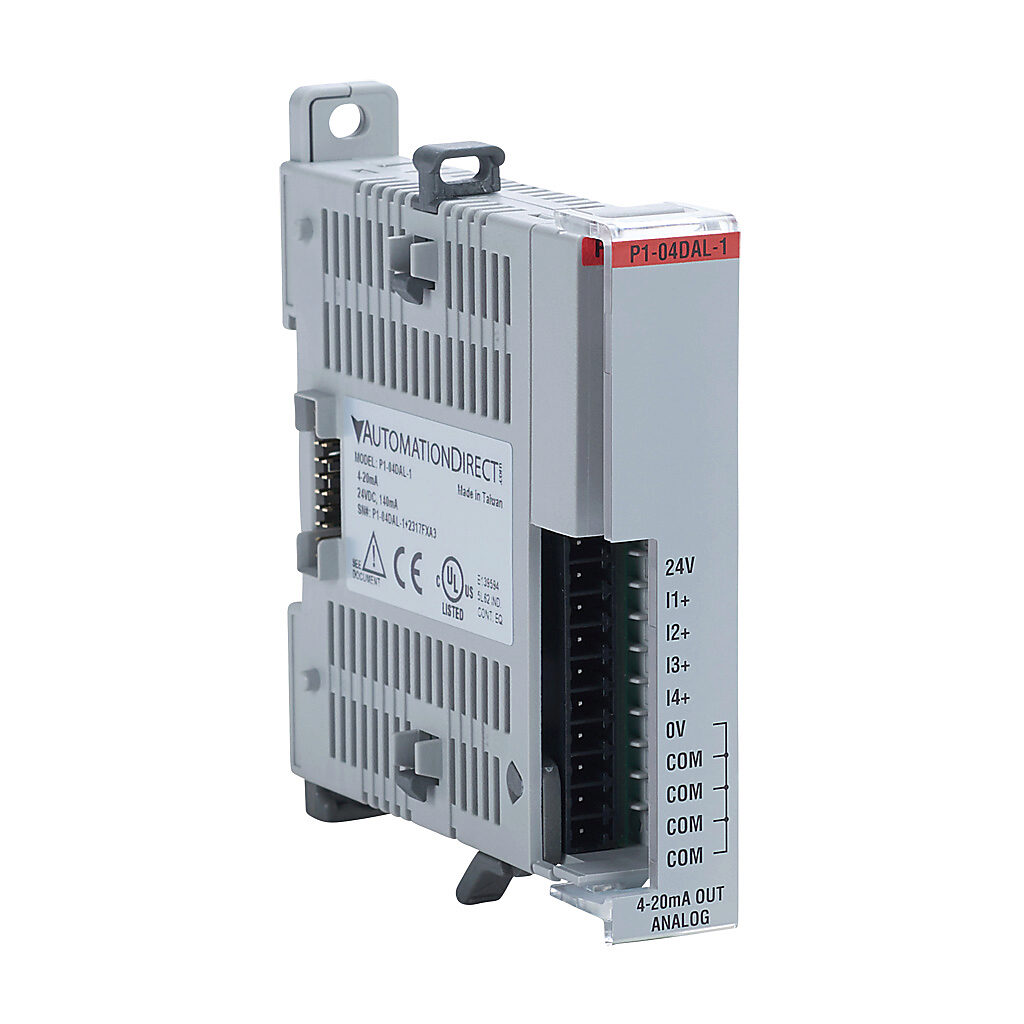 P1-04DAL-1 - Productivity1000 analog output module, 4-channel, current, 12-bit, external 24 VDC required. Requires P1-10RTB or P1-10RTB-1 removable terminal block or ZIPLink pre-wired cables.