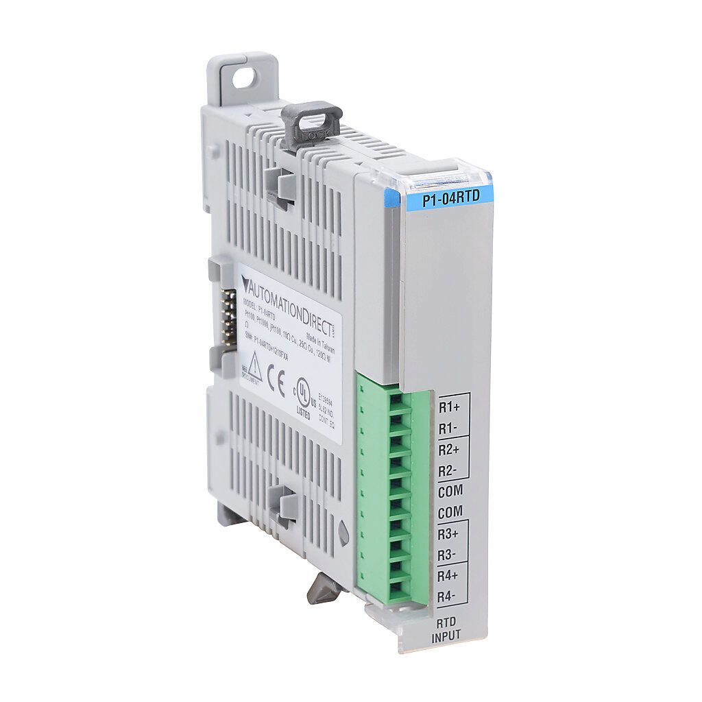 P1-04RTD - Productivity1000 temperature input module, RTD, 4-channel, 16-bit resolution, input RTD type(s): Pt100, Pt1000, JPt100, Cu10, Cu25 and Ni120. (1) P1-10RTB screw terminal block included.