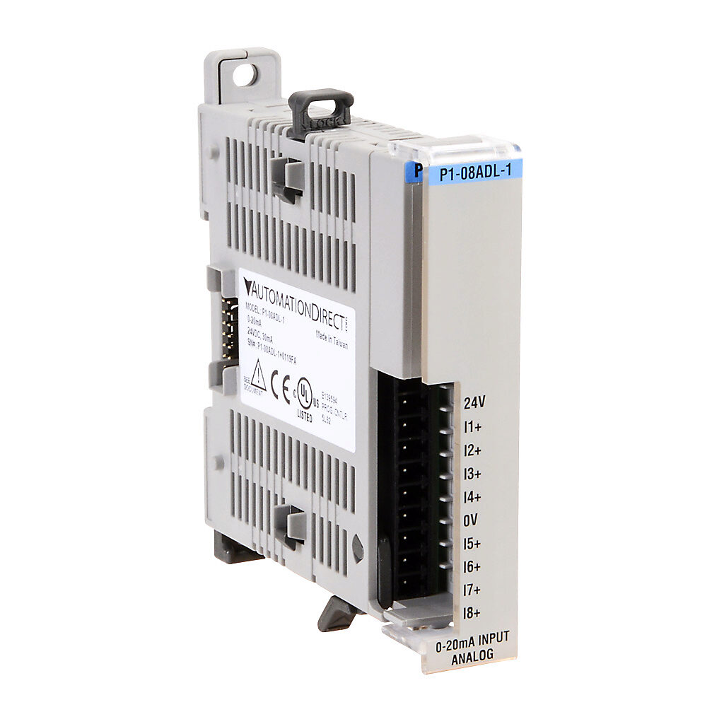P1-08ADL-1 - Productivity1000 analog input module, 8-channel, current, 13-bit, external 24 VDC required. Requires P1-10RTB or P1-10RTB-1 removable terminal block or ZIPLink pre-wired cables.