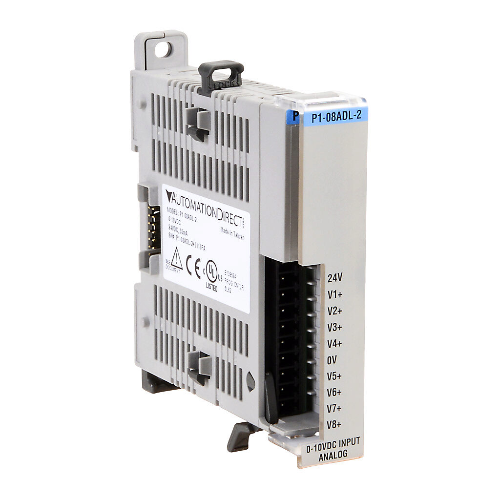 P1-08ADL-2 - Productivity1000 analog input module, 8-channel, voltage, 13-bit, external 24 VDC required. Requires P1-10RTB or P1-10RTB-1 removable terminal block or ZIPLink pre-wired cables.