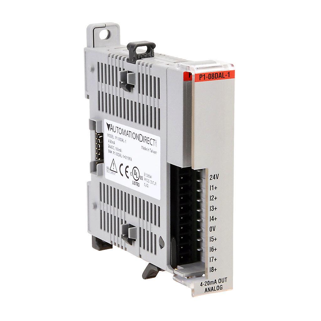 P1-08DAL-1 - Productivity1000 analog output module, 8-channel, current, 12-bit, external 24 VDC required. Requires P1-10RTB or P1-10RTB-1 removable terminal block or ZIPLink pre-wired cables.