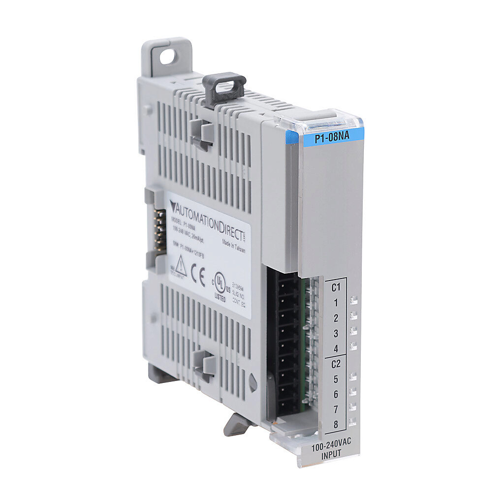 P1-08NA - Productivity1000 discrete input module, 8-point, 120-240 VAC, 2 isolated common(s), 4 point(s) per common. Requires P1-10RTB or P1-10RTB-1 removable terminal block or ZIPLink pre-wired cables.