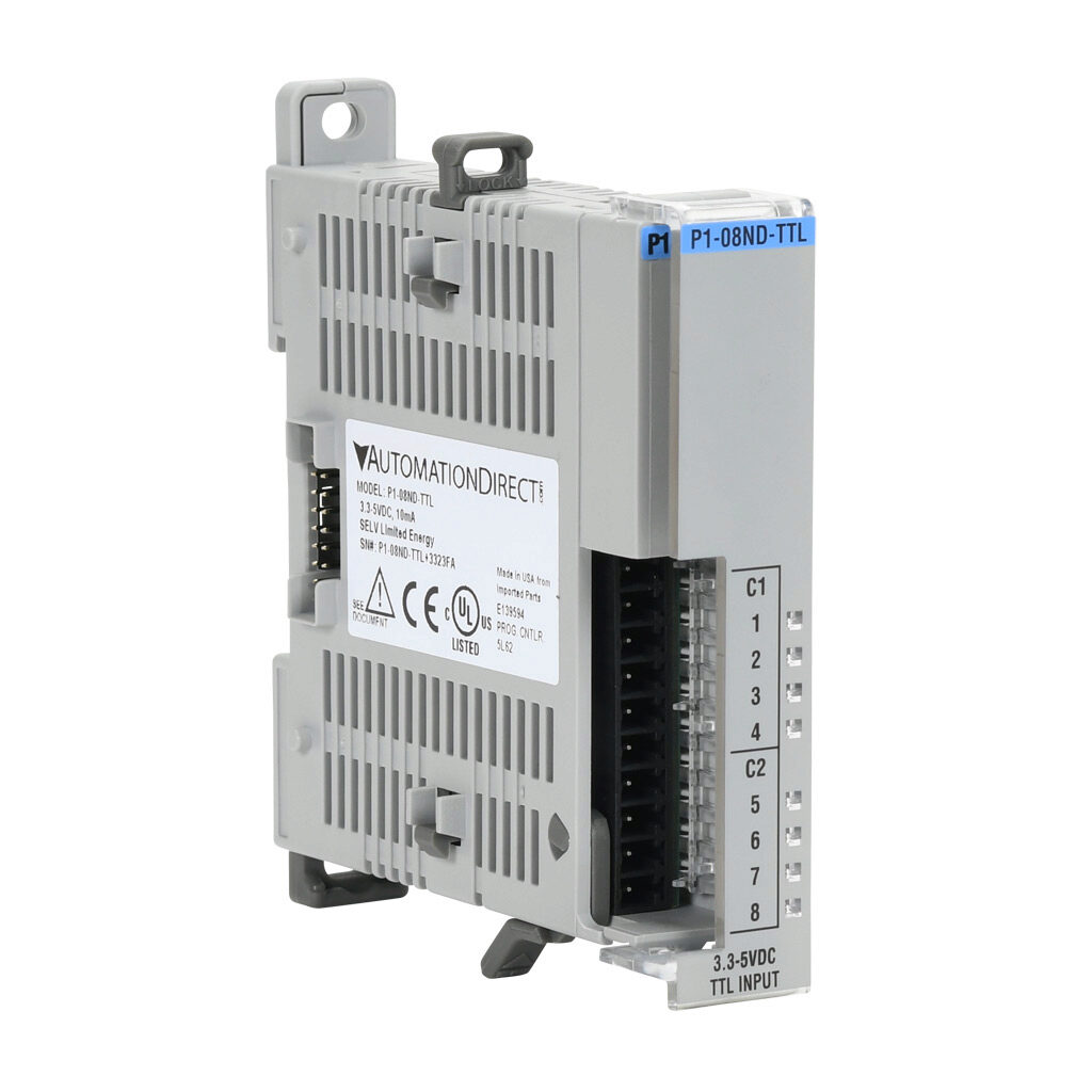 P1-08ND-TTL - Productivity1000 discrete input module, 8-point, 3.3-5 VDC, sinking/sourcing/TTL, 2 common(s), 4 point(s) per common. Requires P1-10RTB or P1-10RTB-1 removable terminal block or ZIPLink pre-wired cables.