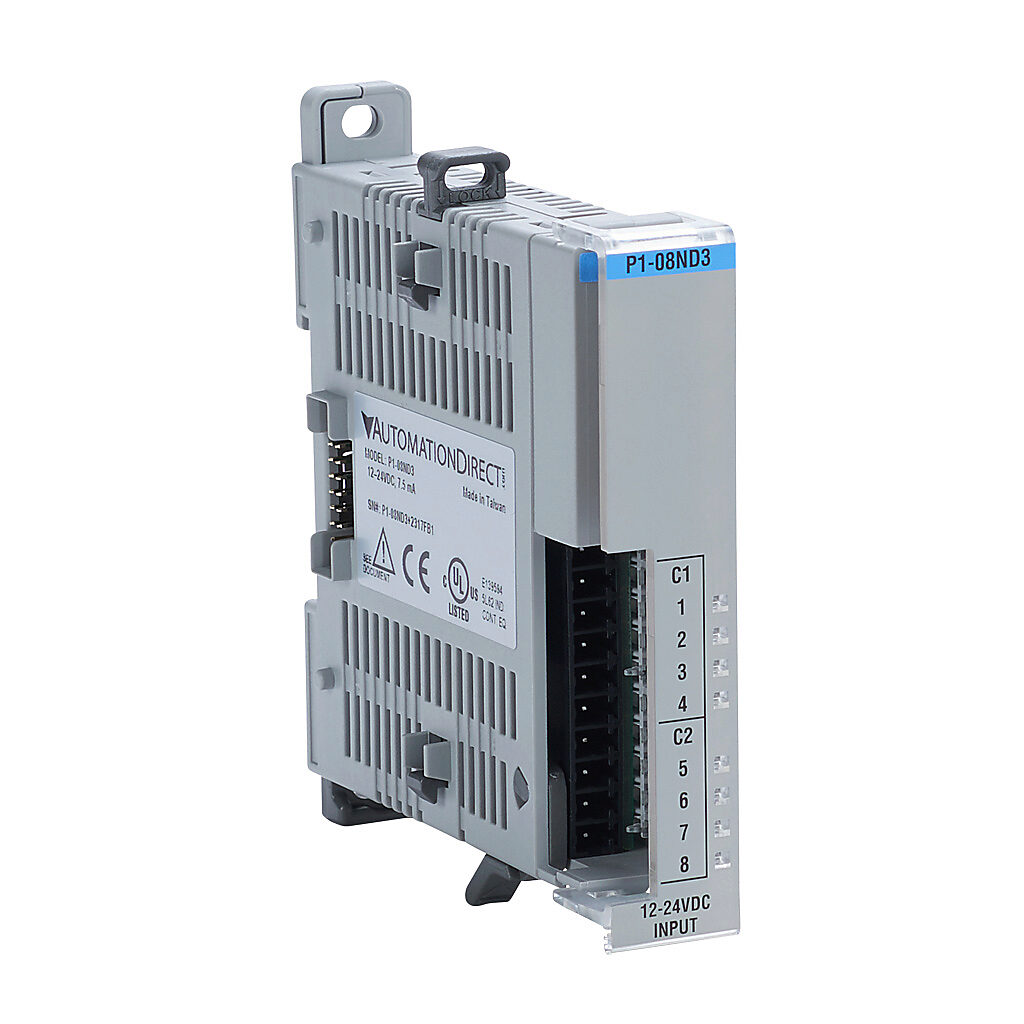 P1-08ND3 - Productivity1000 discrete input module, 8-point, 12-24 VDC, sinking/sourcing, 2 common(s), 4 point(s) per common. Requires P1-10RTB or P1-10RTB-1 removable terminal block or ZIPLink pre-wired cables.
