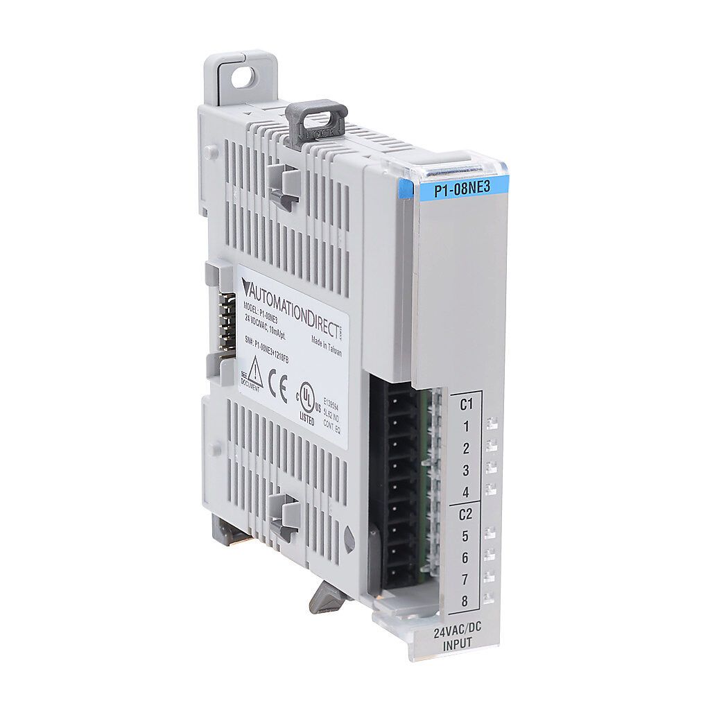 P1-08NE3 - Productivity1000 discrete input module, 8-point, 24 VAC/VDC, sinking/sourcing, 2 isolated common(s), 4 point(s) per common. Requires P1-10RTB or P1-10RTB-1 removable terminal block or ZIPLink pre-wired cables.